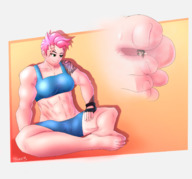 drawing color toes barefoot sweat pink_hair muscles abs shrunken_woman trapped between_feet overwatch d.va zarya thunderafterdark hana_song aleksandra_zaryanova