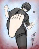drawing color large_breasts barefoot smiling airplane looking_down point_of_view raised_foot helmet yamumil playerunknowns_battlegrounds