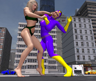 city blonde long_hair barefoot high_heels small_breasts underboob fighting giantesses lipstick vehicles toe_nail_polish hotrod5 body_suit punching bare_midriff