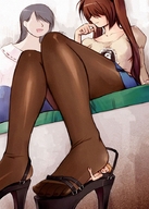 drawing giantess crush feet small_man color long_hair blue_eyes toes high_heels orgasm in_shoe shrunken shrunken_men sitting sandals nylons shoe platforms inshoe foot_smelling knees open_shoes
