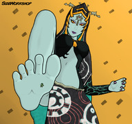 drawing giantess crush color barefoot midna foot_crush point_of_view stuck_to_sole twilight_princess the_legend_of_zelda sizeworkshop twili_midna link_(the_legend_of_zelda)