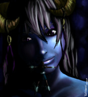 drawing giantess horns color purple_eyes felarya demoness trapped magic grey_hair looking_at_tiny tastysnack sucubus iridan_(felarya)