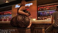 huge_breasts mini_giantess sitting indoors bar big_butt thick_thighs digital_render dinner-kun