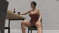 pussy upskirt long_hair cleavage brunette dress sitting legs shrunken_man naked_man chair wine digital_render
