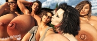 nude black_hair long_hair glasses huge_breasts brunette mini_giantess kissing outdoors digital_render selfie dinner-kun