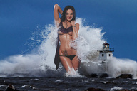 giantess collage swimsuit wonderslug belly tattoo looking_at_viewer splashing wading light_house eva_rivas natkatsz
