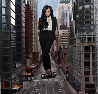 giantess collage city long_hair high_heels smiling wonderslug running streets pedestrians between_buildings running_away crushed_bus natkatsz mariya_yaremchuk