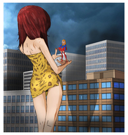 drawing giantess city mega blonde color handheld buildings giganta red_hair dress supergirl cape hands_on_hips leopard_print dc_comics on_palm takzi
