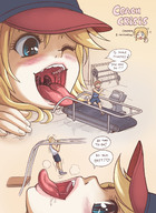 drawing karbo blonde color tongue exercise blue_eyes saliva smiling story short_hair shorts humor running shrunken_man open_mouth hat imminent_vore treadmill