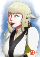 drawing giantess vore horns color blue_eyes shrunken_man soft_vore winking looking_at_tiny spokle final_fantasy_xiv miqote_male