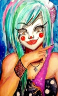 drawing color playful shrunken_man trapped looking_at_tiny clown missjest chewing_gum