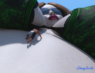 bikini giantess large_breasts cleavage unaware shrunken_man sunglasses digital_render pale_skin