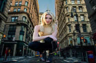 giantess collage city blonde long_hair outdoors crouching