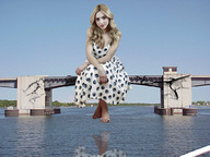 collage blonde long_hair bridge destruction clothed barefoot dress sitting looking_down