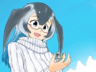 drawing giantess blushing black_hair long_hair handheld glasses smiling looking_down sweater
