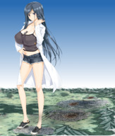 drawing giantess city mega long_hair destruction blue_hair huge_breasts shorts explosion mountains outdoors lab_coat slippers between_breasts
