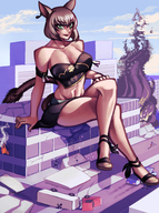 drawing city color large_breasts destruction cleavage skirt cat_ears brunette smiling short_hair sitting foot_crush top bystanders cat_eyes crushed_vehicle bare_midriff gareit0