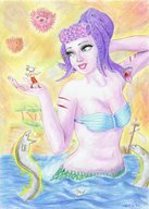 bikini drawing giantess handheld mermaid smiling snake looking_down cuphead cala_maria eel pufferfish mugman