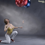 large_breasts jeans brunette medium_length_hair shrunken_man laughing sneakers balloons converse top bracelet hanging_on no_background digital_render