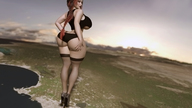 giantess mega long_hair high_heels huge_breasts stockings red_hair ponytail outdoors looking_back big_butt thick_thighs digital_render
