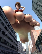 giantess city barefoot soles brunette low_angle smiling short_hair looking_down outdoors raised_foot impending_doom giantessnyx luthorlittle