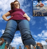 giantess collage giga city destruction clothed barefoot glasses brunette walking medium_length_hair looking_down outdoors cutaway