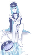 drawing giantess long_hair barefoot cleavage blue_hair boots sitting looking_down boot hat crowds no_background