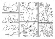 drawing comic monochrome long_hair toes soles shrunken_man under_foot dialogue panels smushedboy stuck_to_foot