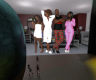 pajamas couple unaware shrunken_people dark_skin towel slippers digital_render arms_folded bathrobe