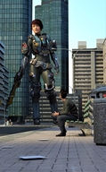 giantess city armor clothed gun brunette short_hair boots sitting outdoors bench