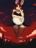 drawing giantess furry anthro city large_breasts long_hair bunny_ears bunny stockings red_hair looking_down outdoors thigh_highs kerneldecoy bats