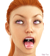 vore long_hair red_hair pink_eyes shrunken_man freckles braces looking_away imminent_vore no_background digital_render haile innocent-owl