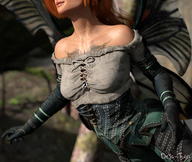 long_hair clothed fairy gloves red_hair shrunken_man flying tattoo inside_clothing digital_render between_breasts innocent-owl