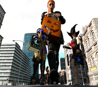 giantess city long_hair handheld barefoot multiple_sizes red_hair boots halloween walking giantesses outdoors costume crowds trick_or_treat witch_hat digital_render