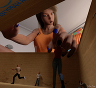 vore long_hair brunette scared reaching shrunken_people indoors nail_polish top running_away blue_nails digital_render in_box