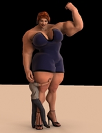 large_breasts high_heels smiling red_hair short_hair mini_giantess sandals muscles hugging flexing thick_thighs no_background digital_render