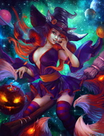 drawing giantess vore giga tail space large_breasts long_hair planet fox_ears orange_hair witch_hat cysh_aizen lips_parted