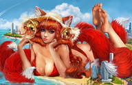 bikini drawing giantess mega large_breasts long_hair toes barefoot soles fox_ears lying_down hat multiple_tails orange_hair cysh_aizen