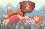 drawing vore large_breasts long_hair cleavage fox_ears stomach licking_lips multiple_tails orange_hair internal_view cysh_aizen cutaway martyz-art