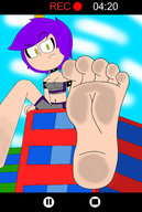 drawing giantess feet color barefoot buildings purple_hair yellow_eyes sitting point_of_view looking_at_viewer jojoggggh