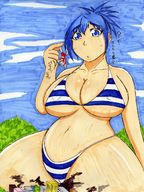 bikini drawing giantess giga city color destruction blue_eyes cleavage nipping blue_hair huge_breasts camel_toe embarrassed ponytail sitting looking_down outdoors japanese_text ultraman thick_thighs pinched seki