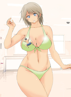 bikini drawing color large_breasts clothed cleavage climbing shrunken_man bikuta looking_at_tiny