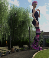 giantess socks pink_hair boots outdoors mohawk looking_back thigh_highs top sleeveless digital_render streetlight