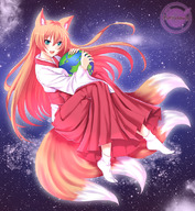 drawing giantess earth giga space color long_hair planet fox_ears fox_tail kitsune hugging fox_girl multiple_tails orange_hair shrine_maiden tabi_socks batusawa cysh_aizen