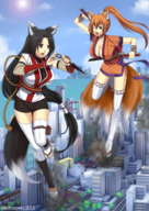 drawing giantess city color destruction cleavage fighting kitsune skyscraper giantesses fox_girl multiple_tails shrine_maiden batusawa cysh_aizen