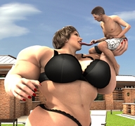 panties large_breasts tongue licking handheld bra brunette underwear short_hair mini_giantess muscles outdoors long_nails red_nails long_tongue nail_polish digital_render