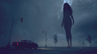 breasts nipples giantess nude pussy long_hair barefoot navel walking night truck shaven glowing_eyes sorenzer0 digital_render streetlight