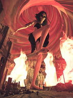 city upskirt black_hair long_hair destruction barefoot fire storm mask outdoors skull foot_raised sorenzer0 skimpy_clothing digital_render