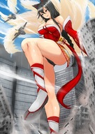 drawing giantess city upskirt black_hair color large_breasts long_hair destruction clothed fox_ears fox_tail jets outdoors fox_girl multiple_tails nonoririn ahri ノノリリン