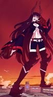 drawing giantess vore horns city black_hair large_breasts long_hair boots airplane open_mouth outdoors bare_midriff